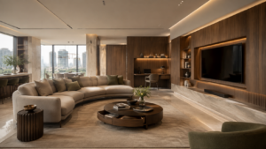 Smart furniture trends 2026 featuring a modular sofa, hidden storage, and integrated technology in a modern luxury home