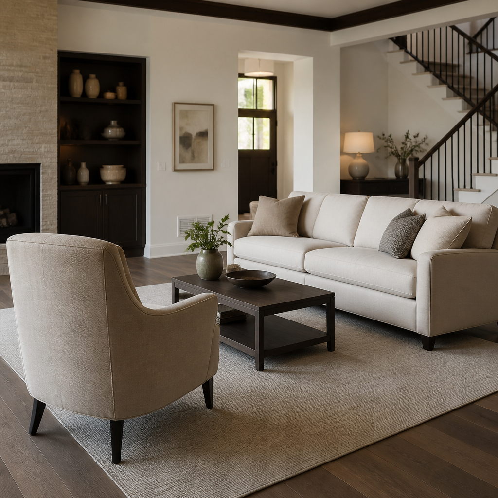 Armchair and sofa arranged for conversation in a refined living room