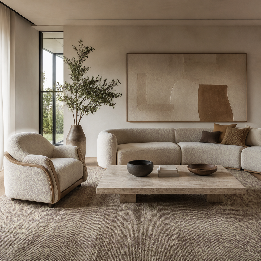 Armchair placement in a warm neutral luxury living room