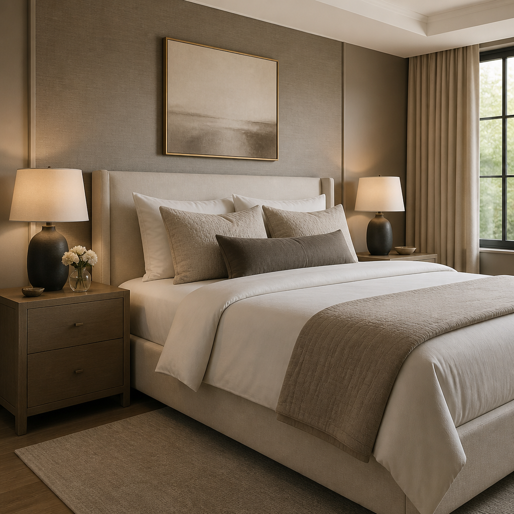 Balanced bedside furniture beside a custom upholstered bed