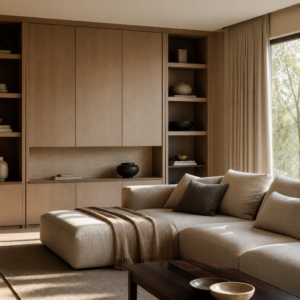Custom built-in storage in an elegant neutral interior