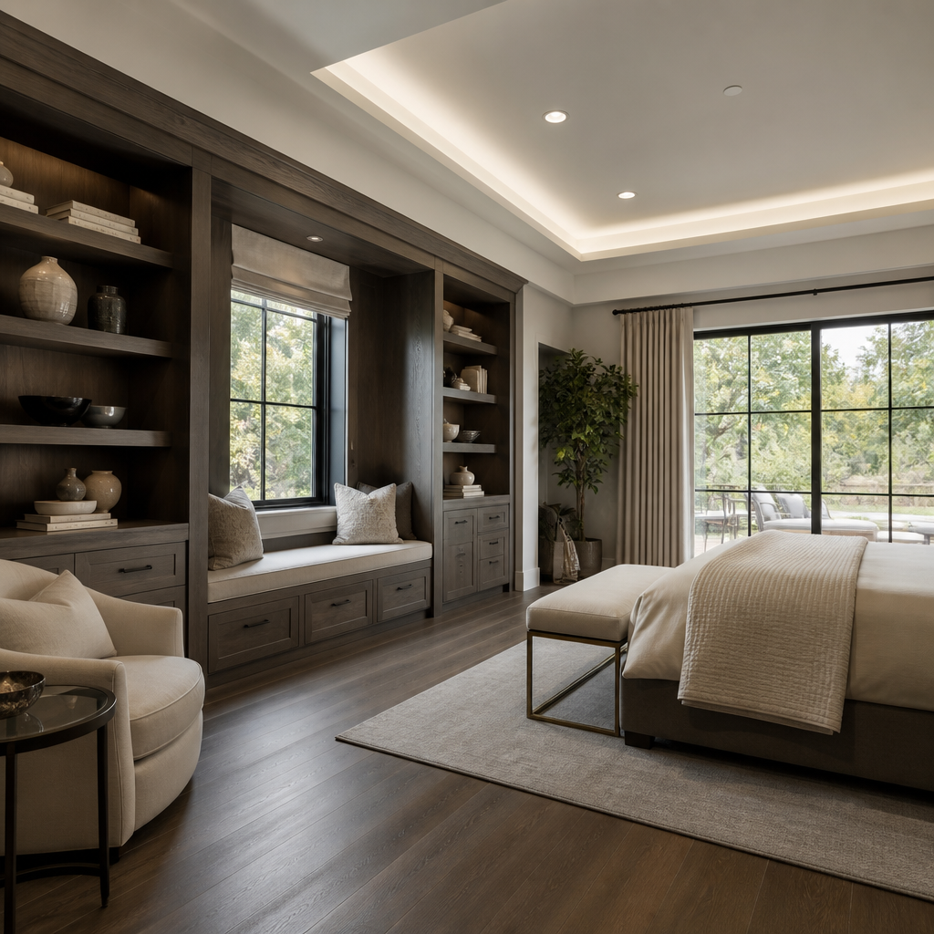 Built-in storage aligned with the room architecture