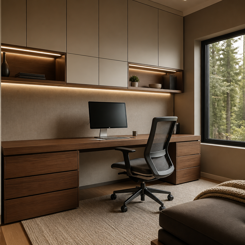 Custom home office desk with integrated organization