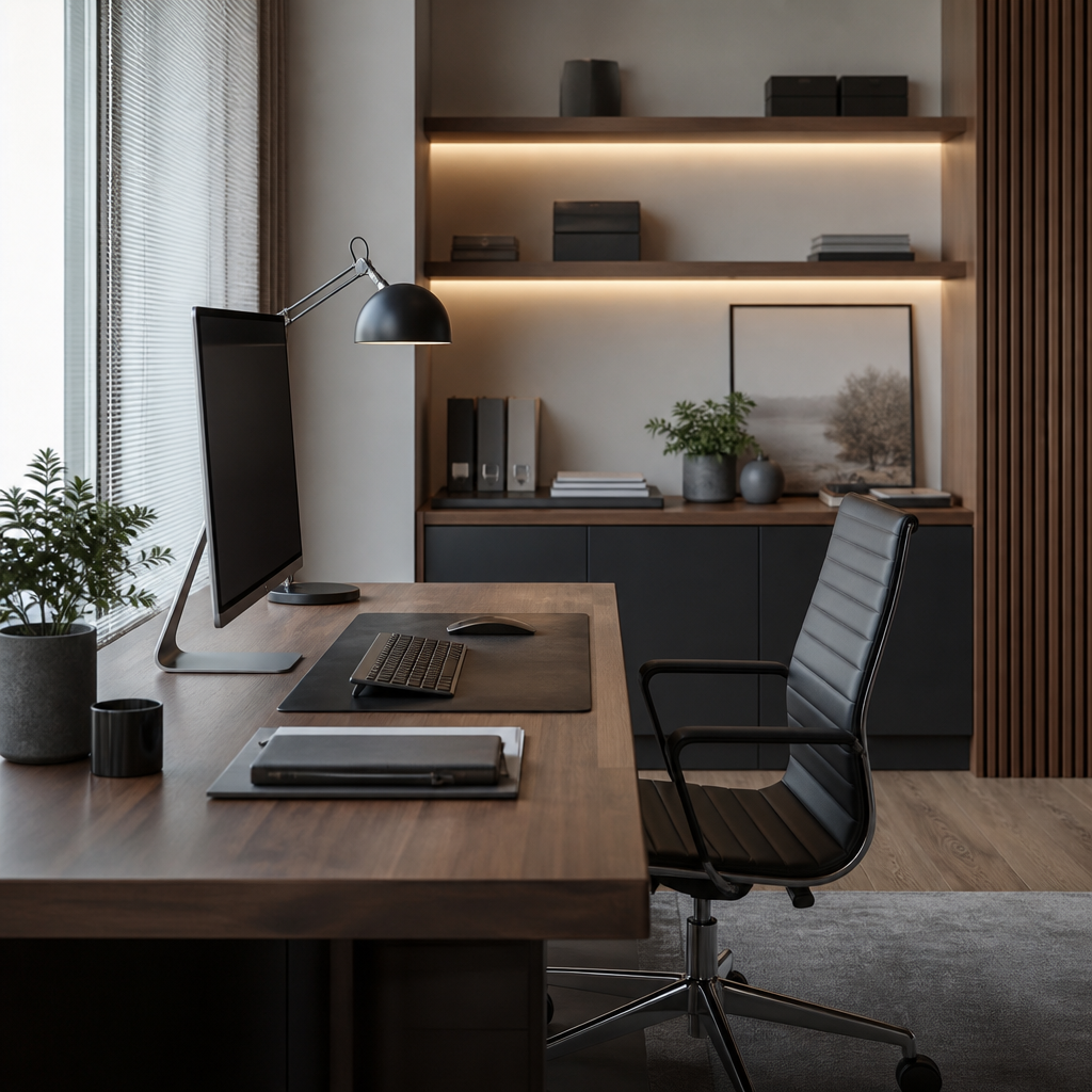 Organized custom desk planned around daily equipment
