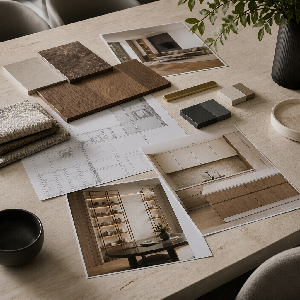 Room photographs and samples prepared for a furniture consultation