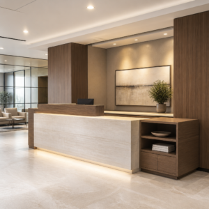 Custom commercial furniture in a refined office reception