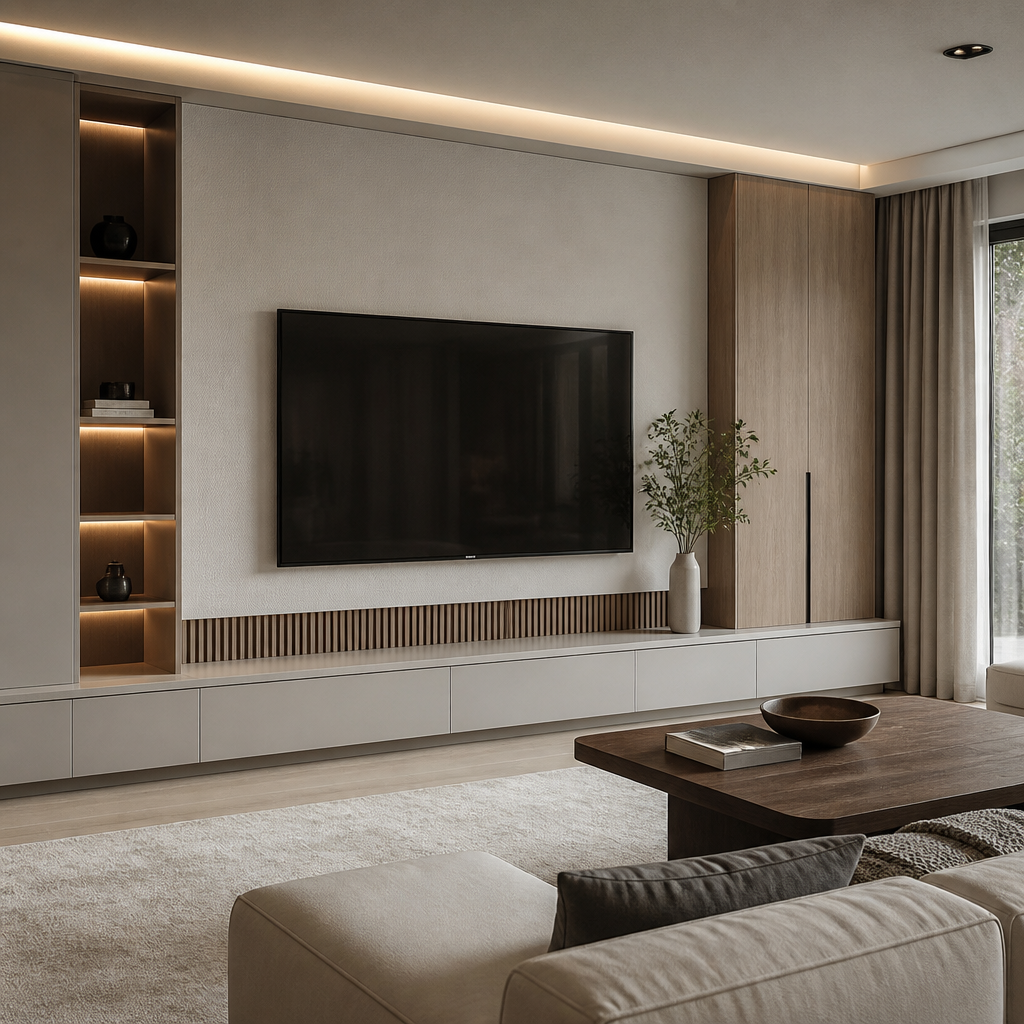 Integrated custom TV cabinet in a refined living room