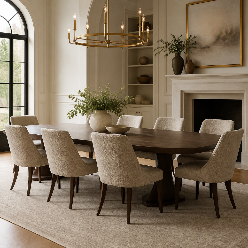 Proportional dining table with chairs in a refined interior