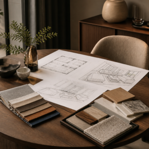 Furniture consultation with room plans and material samples