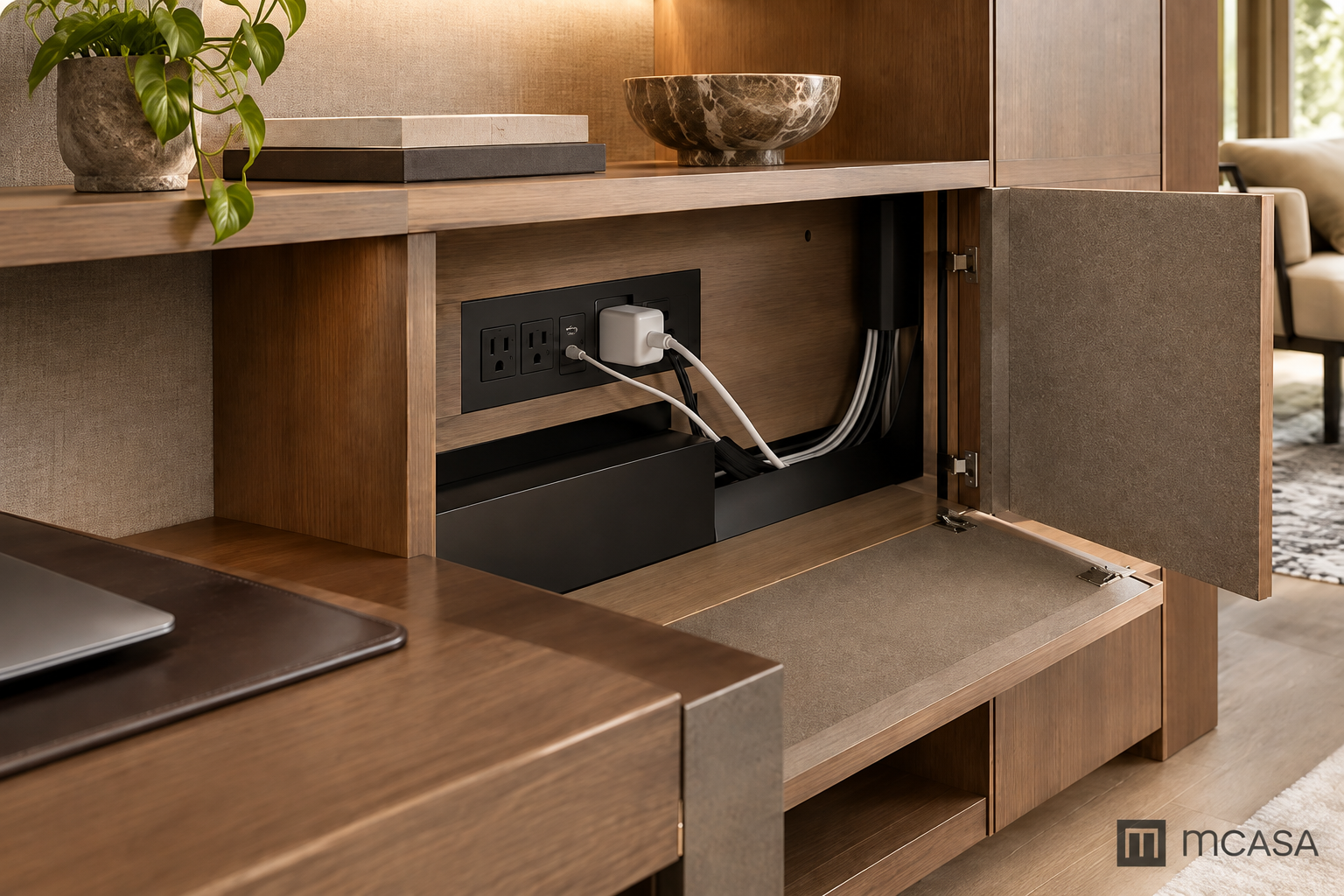 Custom MCASA furniture with integrated power outlets and hidden cable management