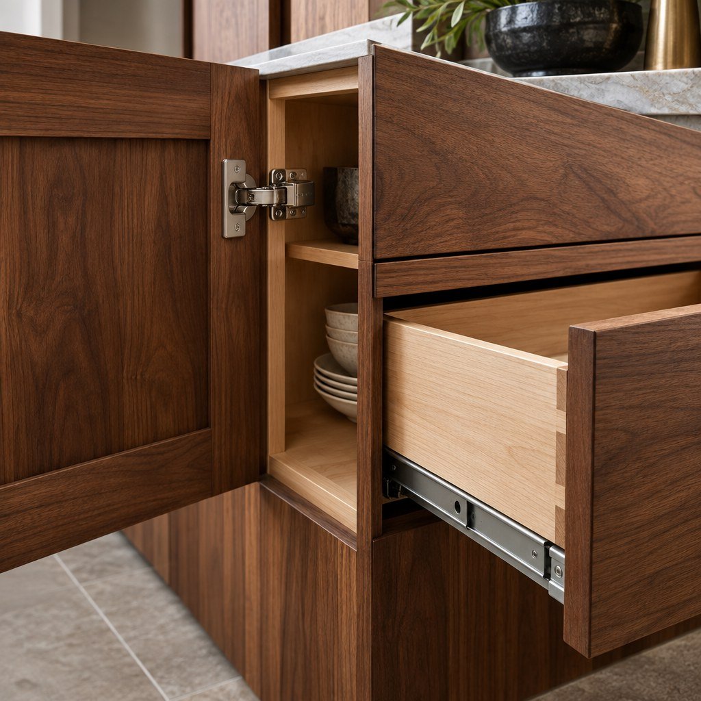 Close-up of concealed cabinet hinges and undermount drawer slides in custom furniture