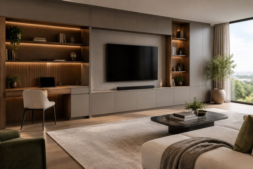 Custom furniture planning with integrated power outlets and cable management