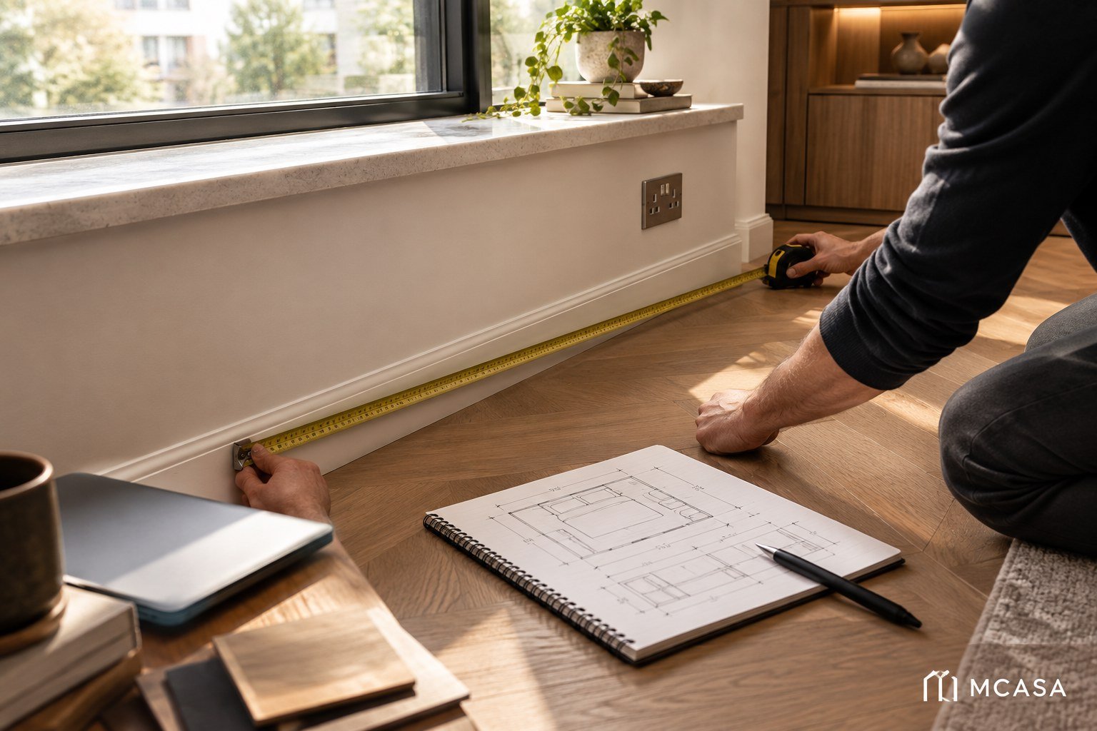 Measuring a room before ordering custom furniture with wall, outlet, window, and clearance dimensions